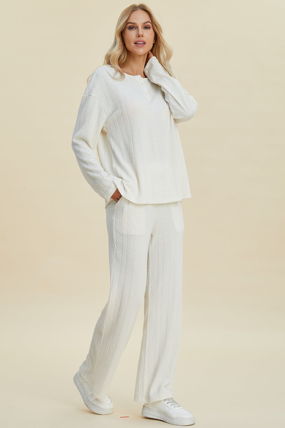 Double Take Full Size Cable-Knit Long Sleeve Top and Pants Set - The Boutie Shop