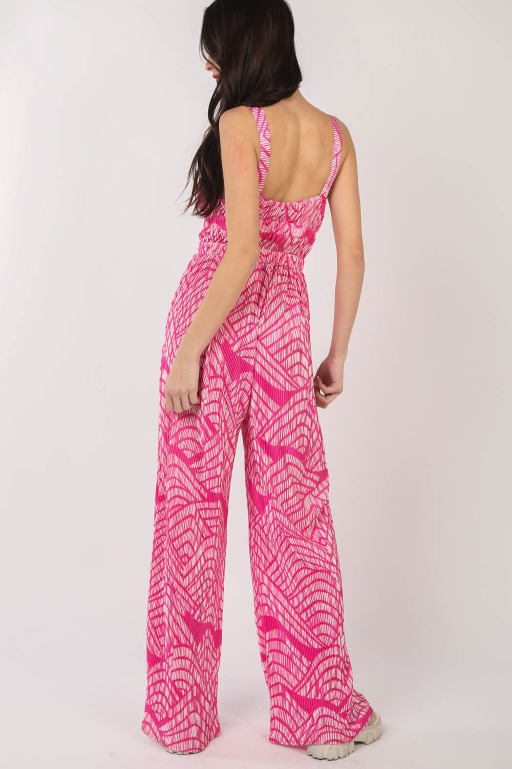 VERY J Printed Pleated Sleeveless Wide Leg Jumpsuit - The Boutie Shop