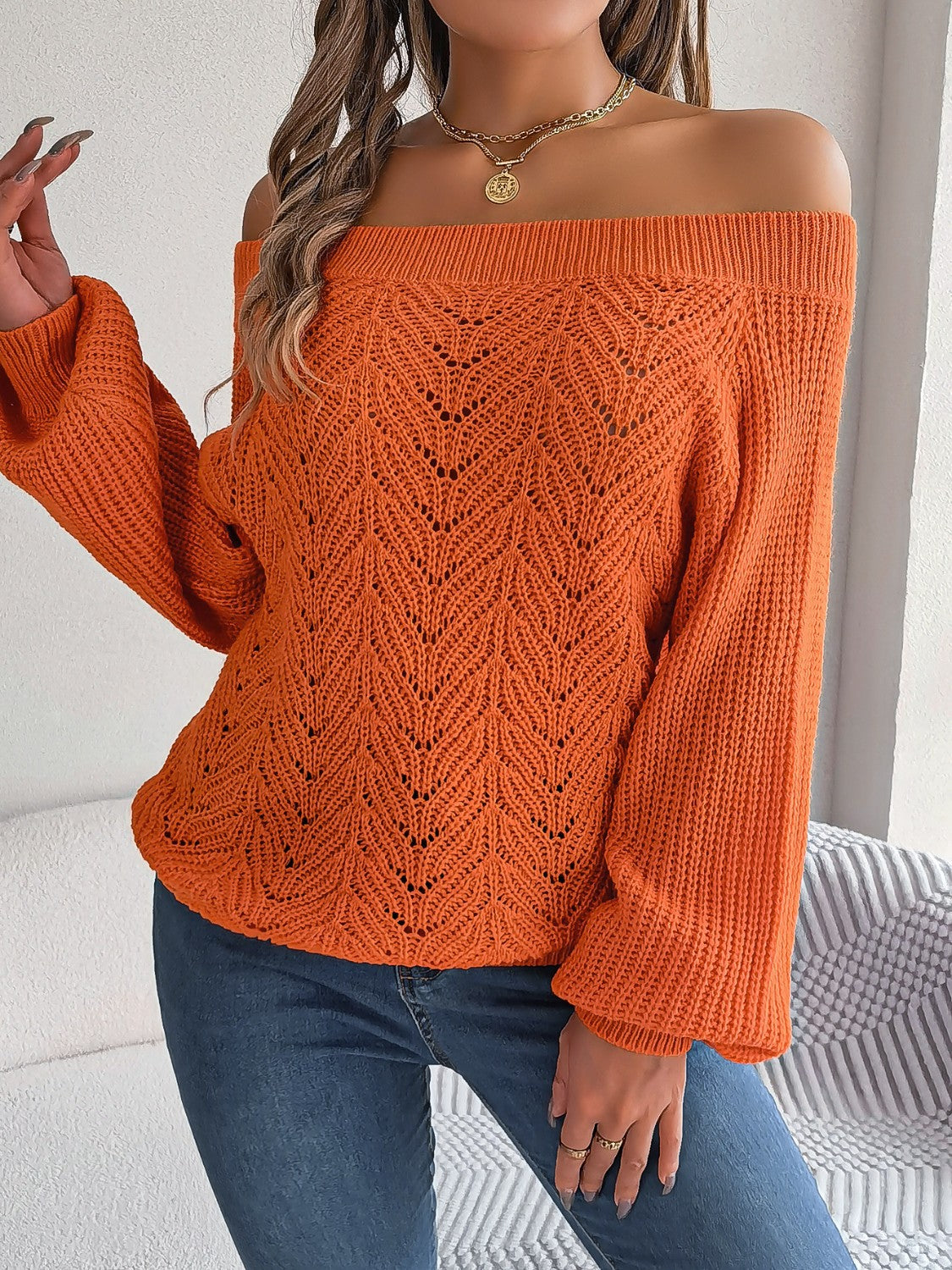 Openwork Off-Shoulder Long Sleeve Sweater - The Boutie Shop