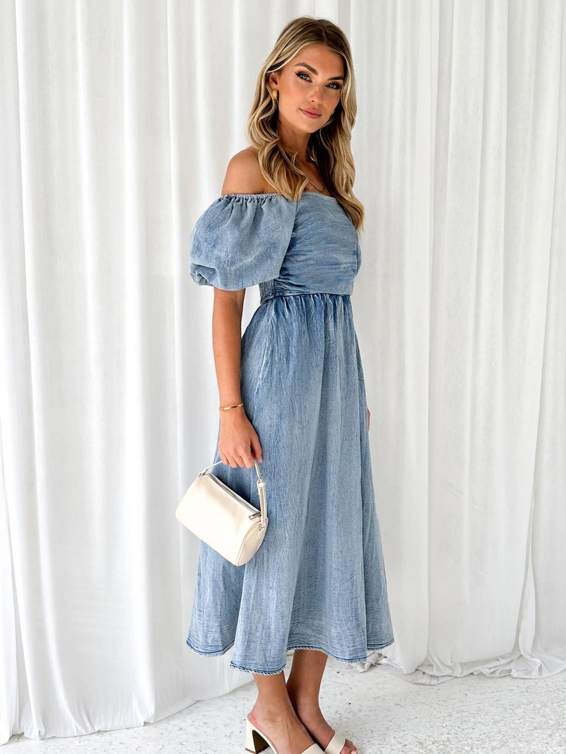 Off-Shoulder Balloon Sleeve Denim Dress - The Boutie Shop