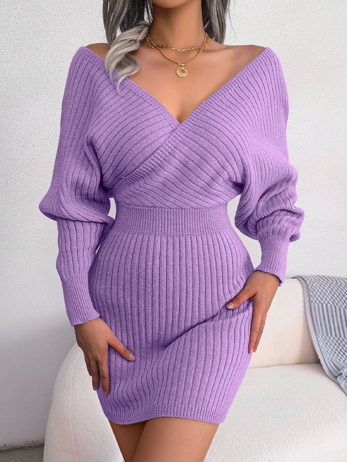 Rib-Knit Dolman Sleeve Sweater Dress - The Boutie Shop