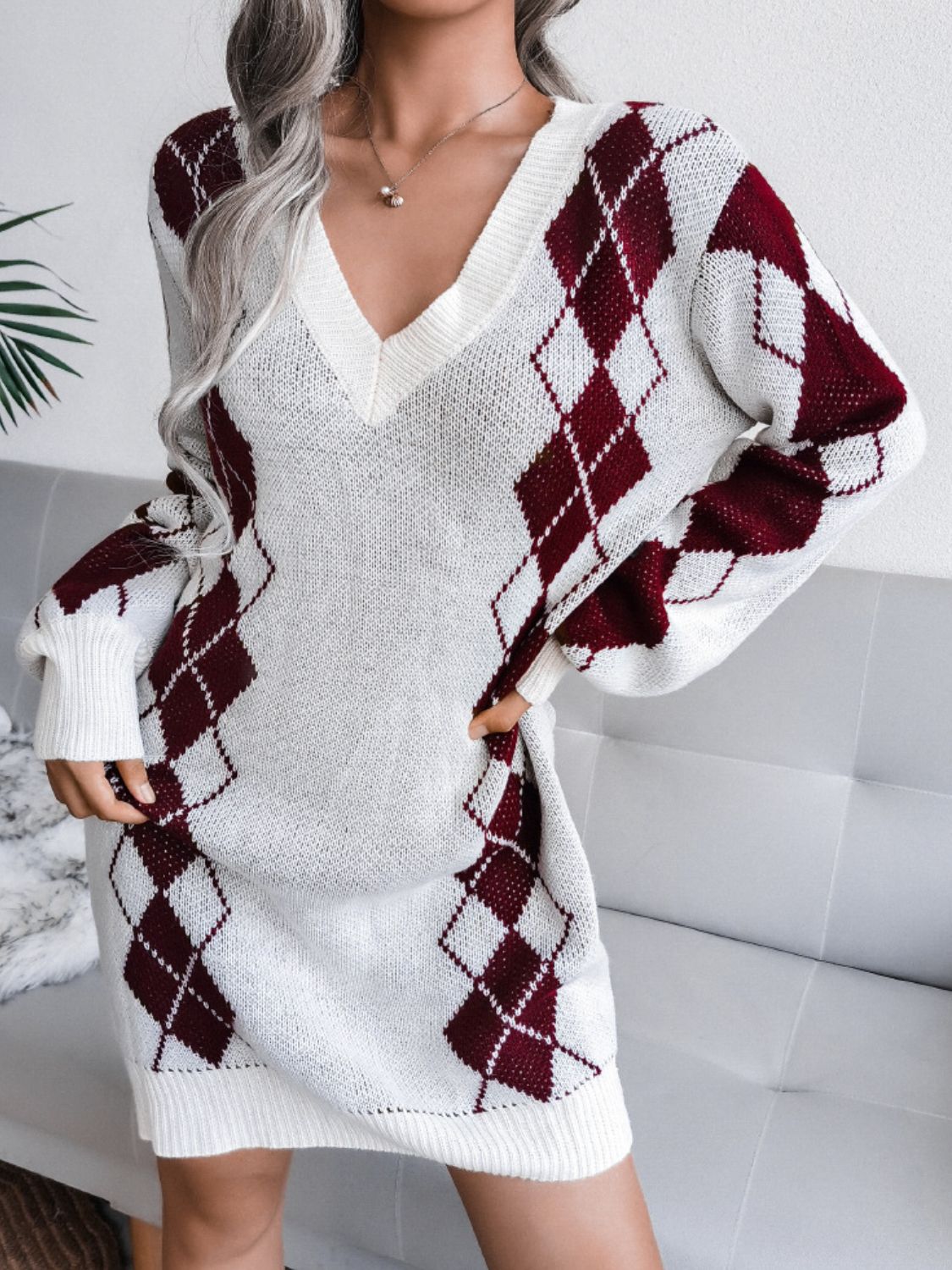 Woven Right Argyle V-Neck Ribbed Trim Sweater Dress - The Boutie Shop