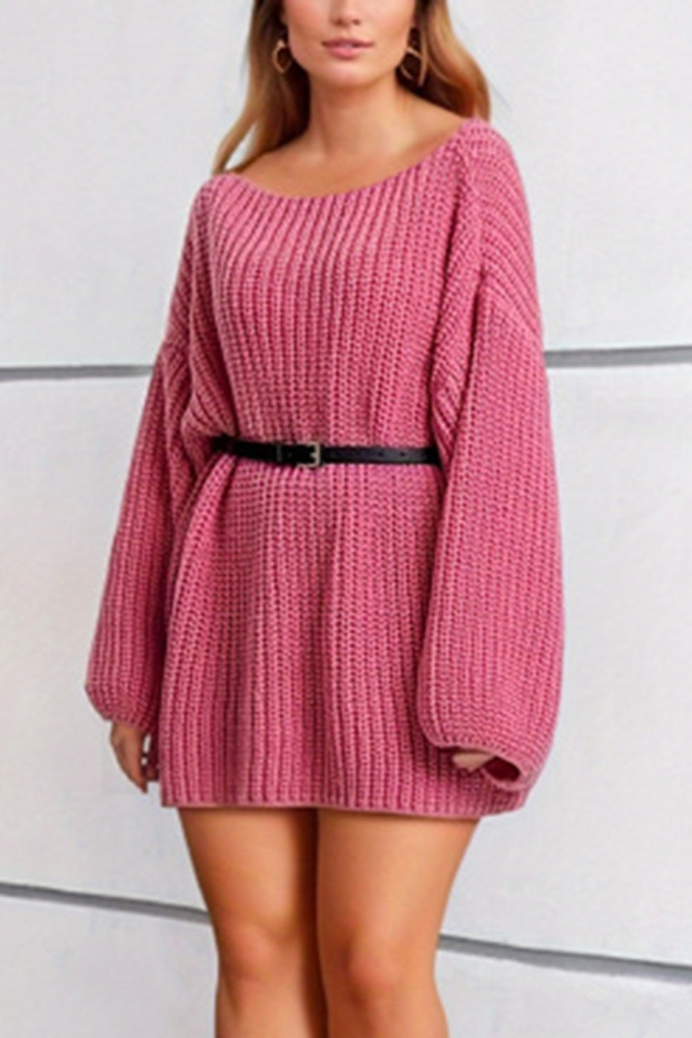 Boat Neck Dropped Shoulder Mini Sweater Dress - The Boutie Shop