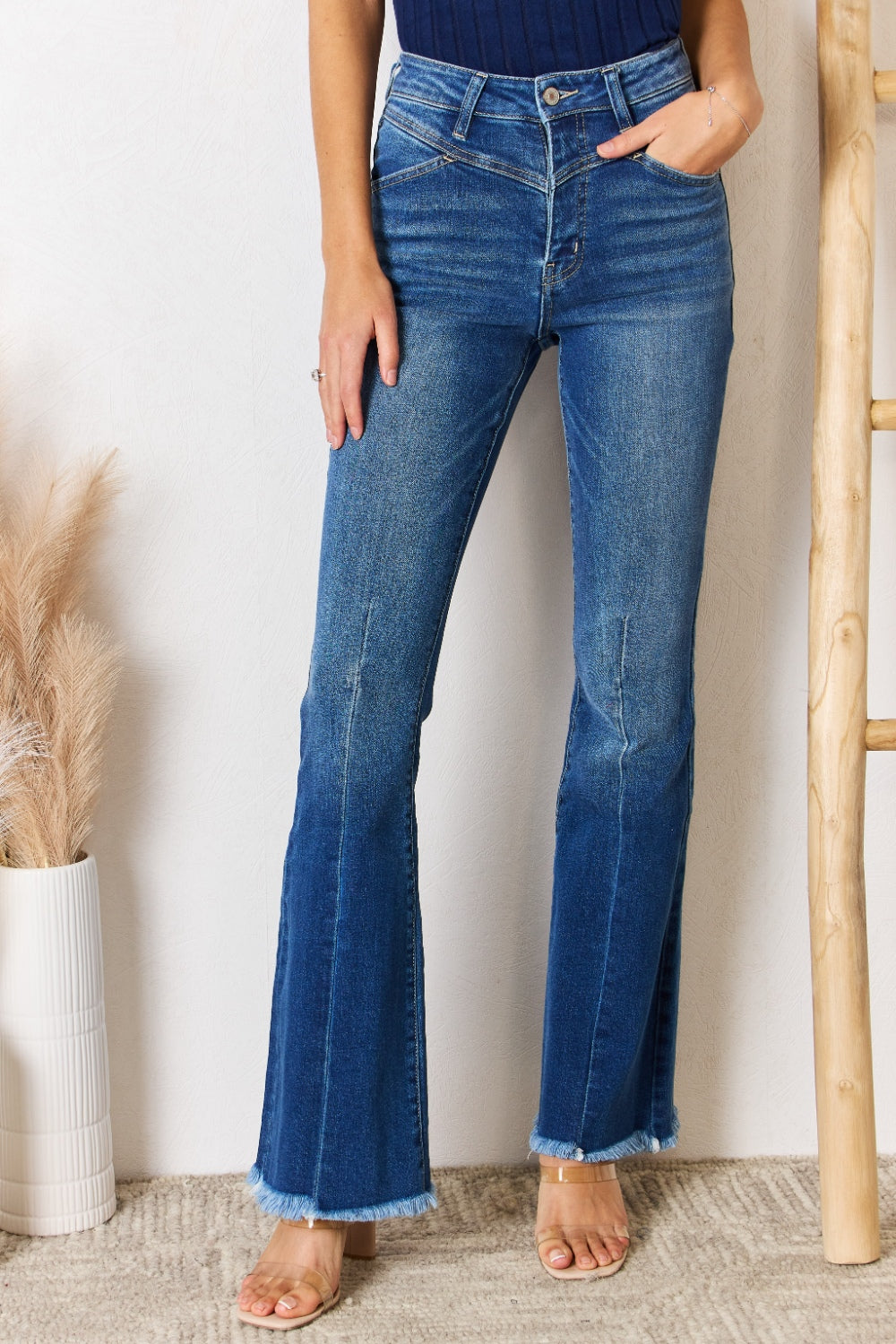 Kancan High Rise Raw Hem Flare Jeans - The Boutie Shop