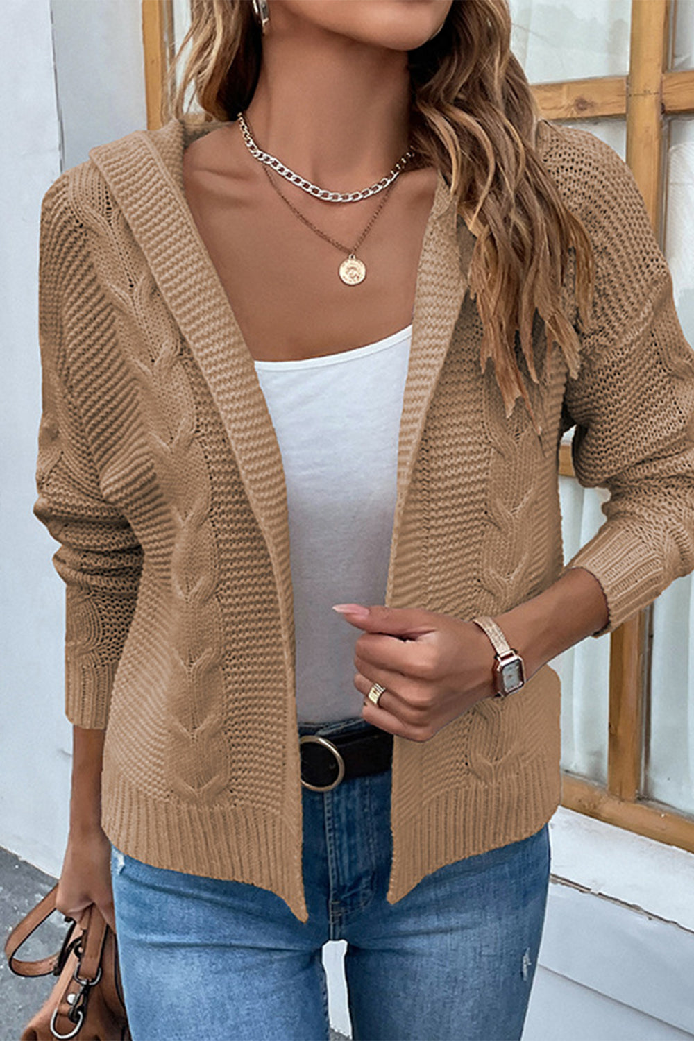 Cable-Knit Dropped Shoulder Hooded Cardigan - The Boutie Shop