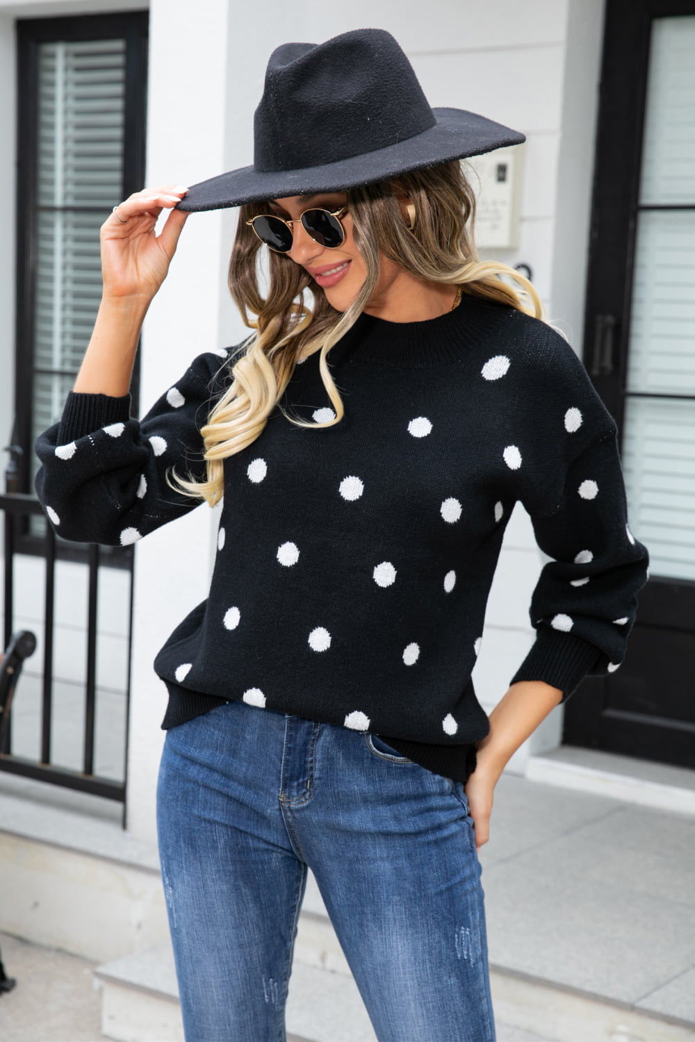 Angel Wings Woven Right Polka Dot Round Neck Dropped Shoulder Sweater - The Boutie Shop