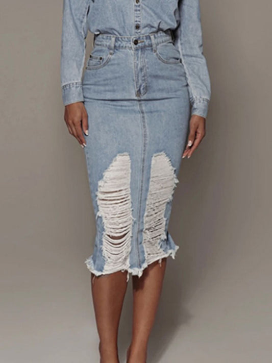 Distressed Slit Denim Skirt - The Boutie Shop