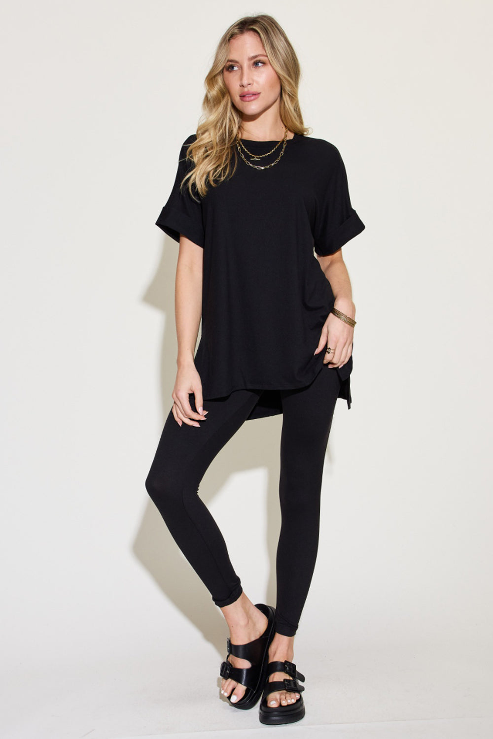 Zenana Plus Size Short Sleeve Slit T-Shirt and Leggings Lounge Set - The Boutie Shop