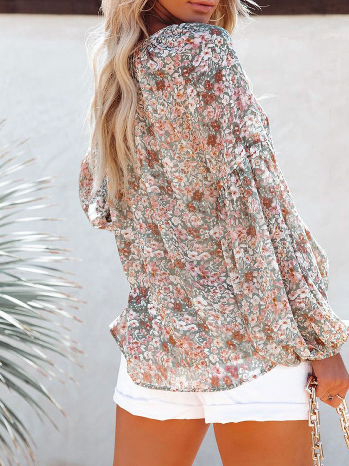 Floral Notched Balloon Sleeve Blouse - The Boutie Shop