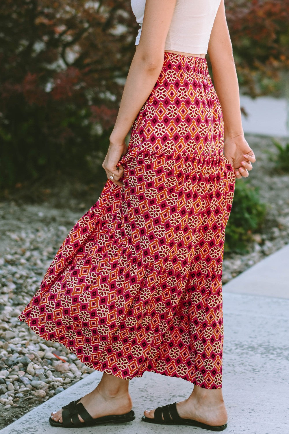 Geometric Elastic Waist Tiered Skirt - The Boutie Shop