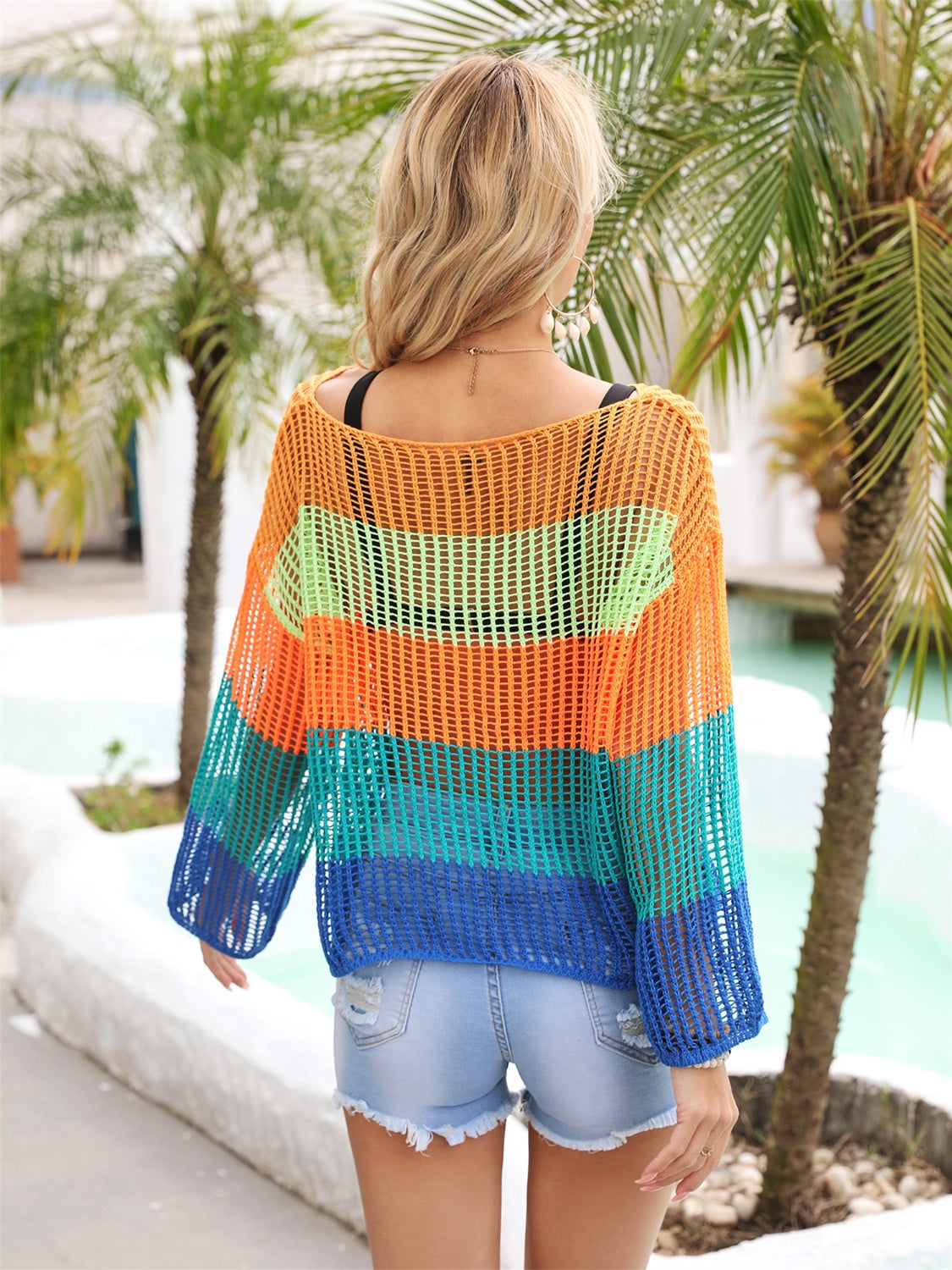 Angel Wings Color Block Openwork Boat Neck Cover Up - The Boutie Shop