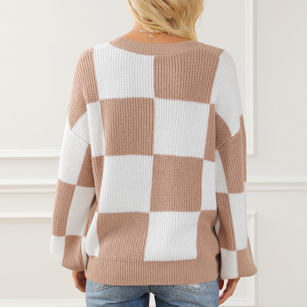 Checkered Round Neck Drop Shoulder Long Sleeve Sweater - The Boutie Shop