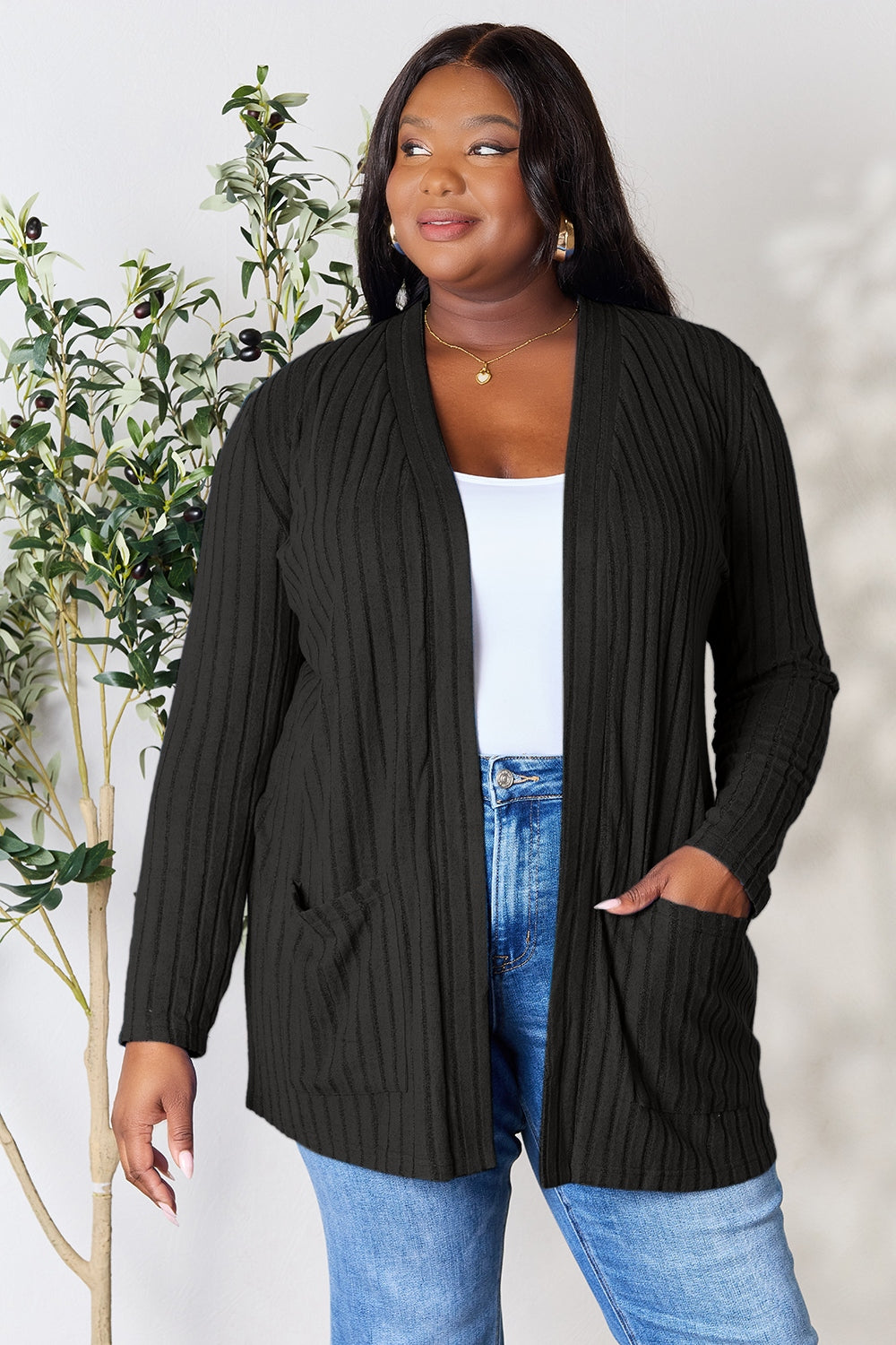 Basic Bae Full Size Ribbed Open Front Cardigan with Pockets - The Boutie Shop