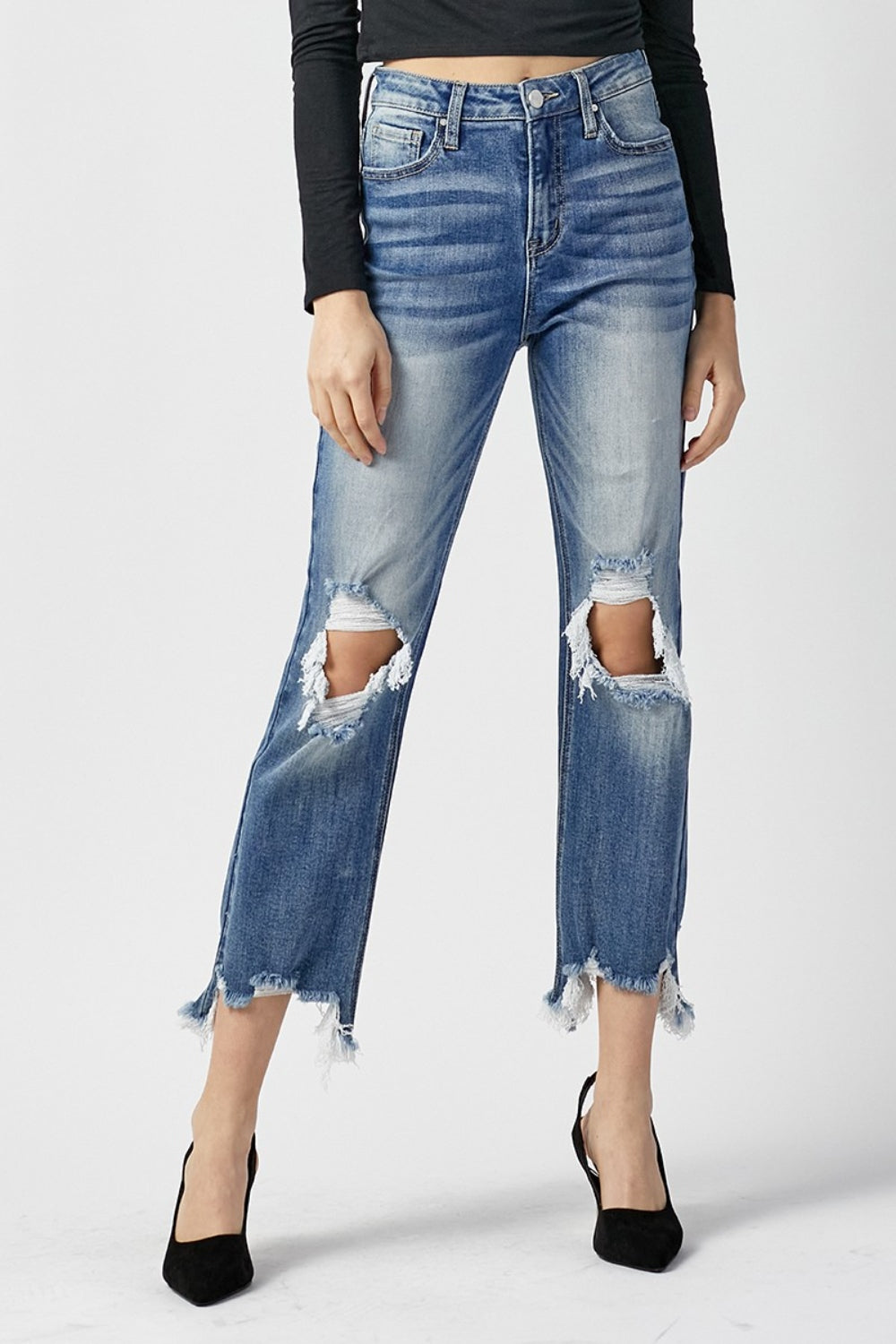 RISEN High Waist Distressed Frayed Hem Cropped Straight Jeans - The Boutie Shop