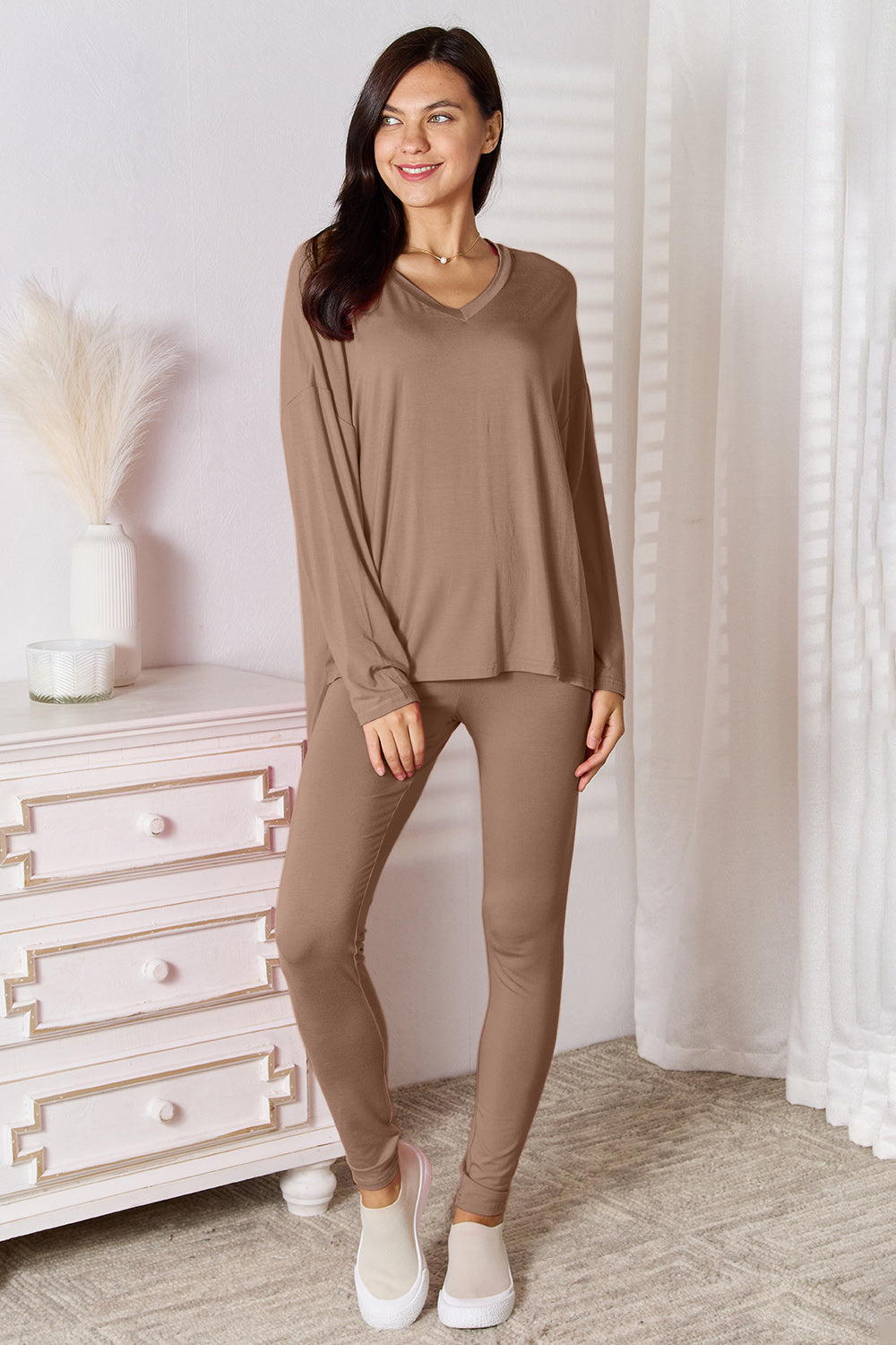 Basic Bae Full Size V-Neck Soft Rayon Long Sleeve Top and Pants Lounge Set - The Boutie Shop