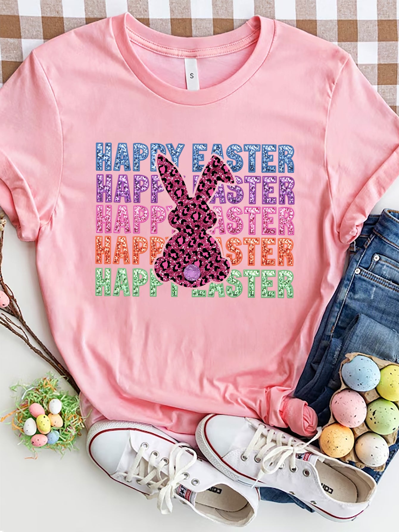 HAPPY EASTER Round Neck Short Sleeve T-Shirt - The Boutie Shop