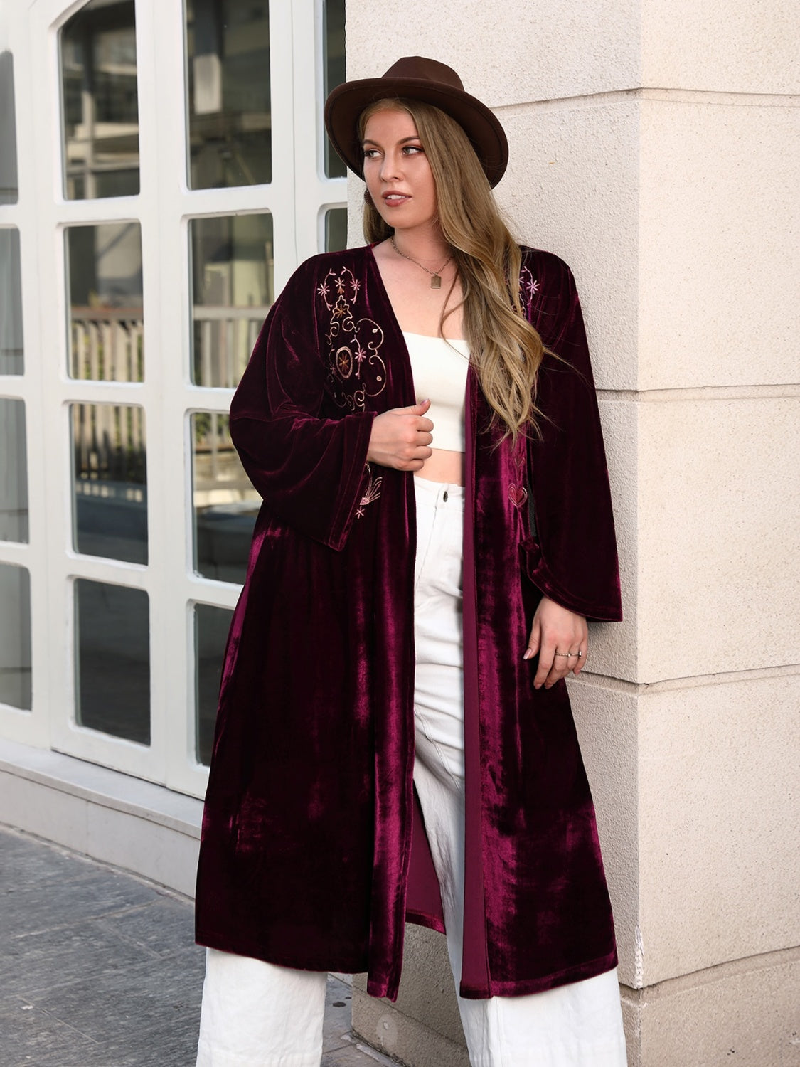 Plus Size Printed Open Front Long Sleeve Cardigan - The Boutie Shop