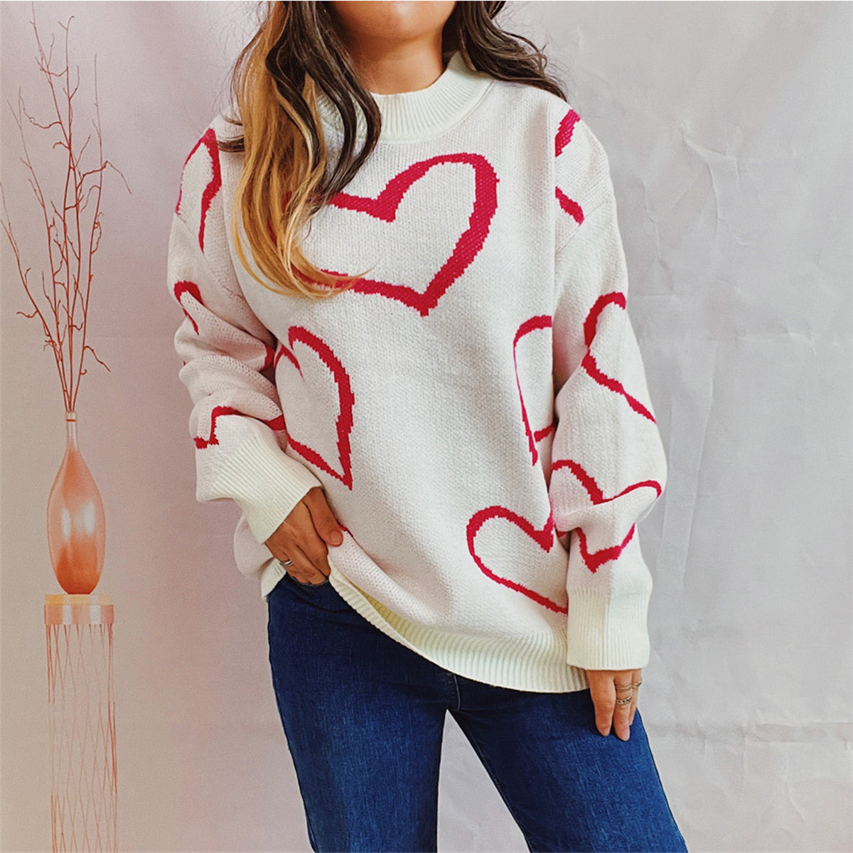 Heart Pattern Long Sleeve Sweater - The Boutie Shop