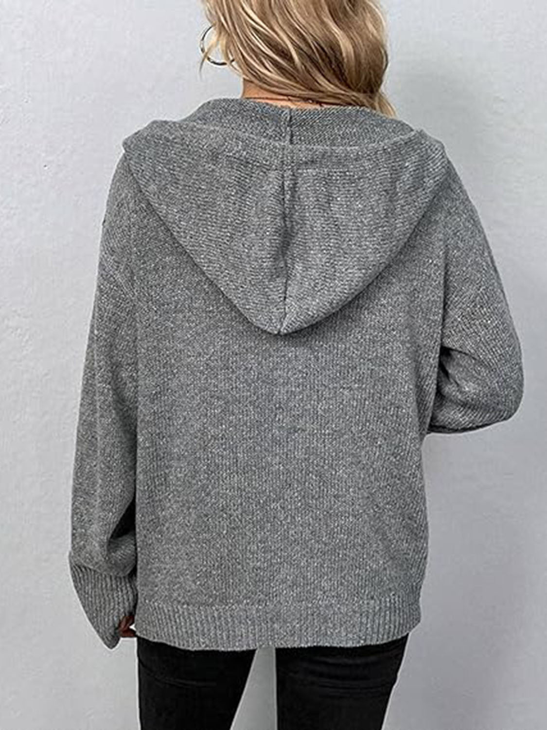 Button Up Drawstring Long Sleeve Hooded Cardigan - The Boutie Shop