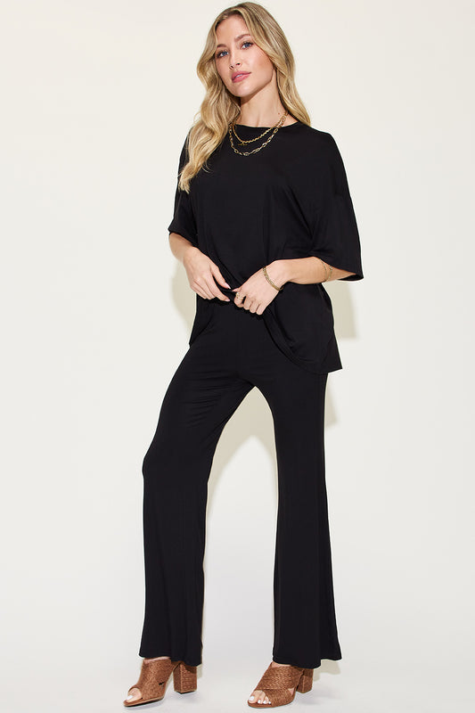 Basic Bae Full Size Bamboo Drop Shoulder T-Shirt and Flare Pants Set - The Boutie Shop