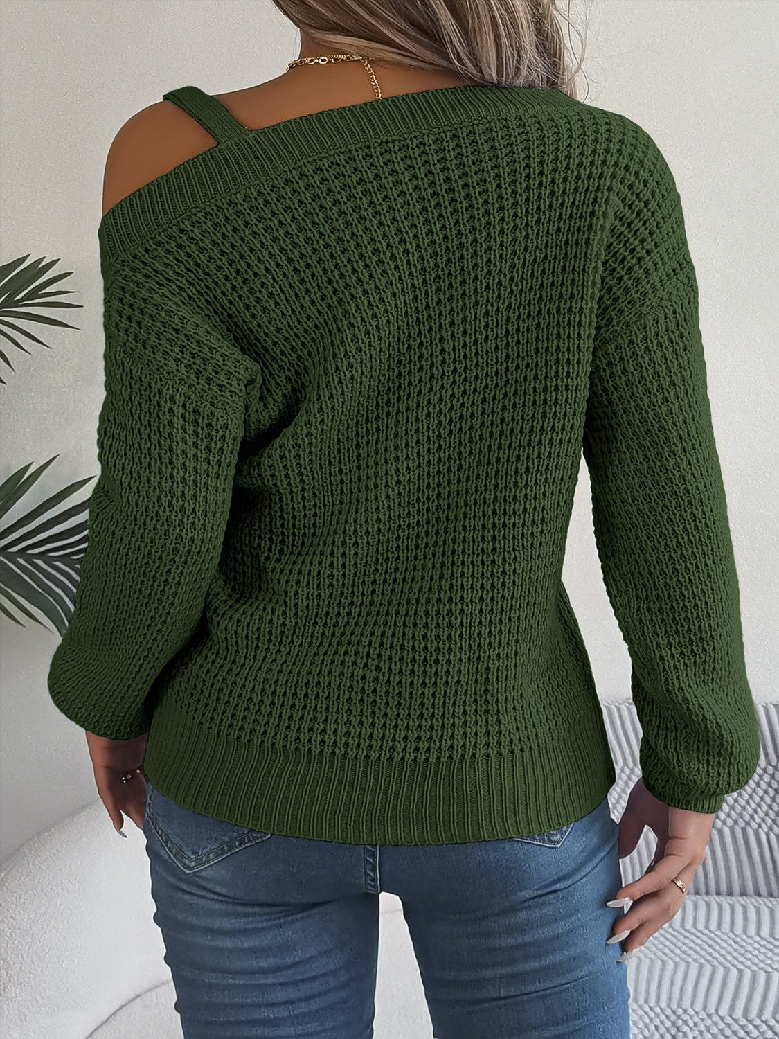 Asymmetrical Neck Long Sleeve Sweater - The Boutie Shop