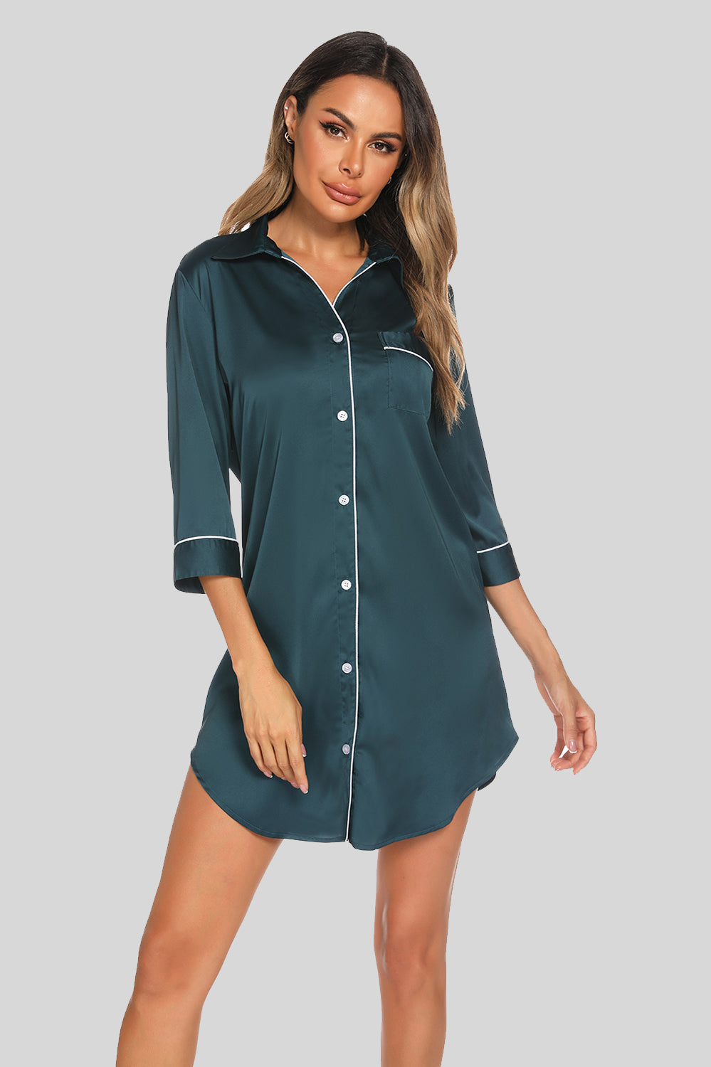 Button Up Collared Neck Night Dress with Pocket - The Boutie Shop