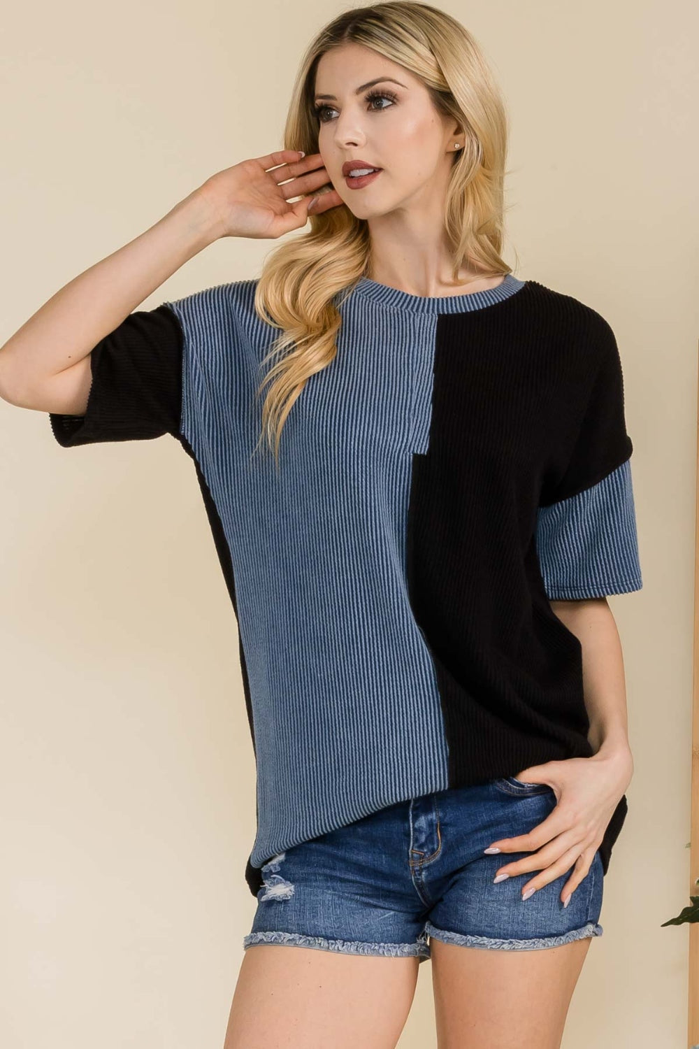 Celeste Full Size Ribbed Color Block Short Sleeve T-Shirt - The Boutie Shop