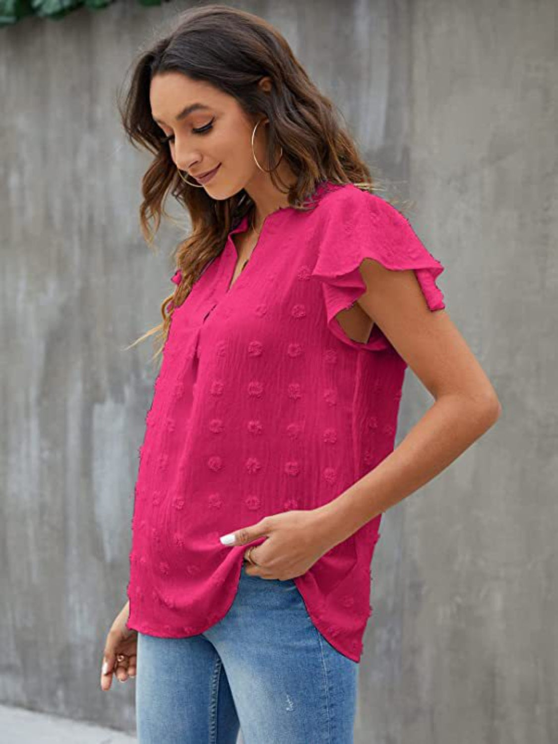 Swiss Dot Notched Cap Sleeve Blouse - The Boutie Shop