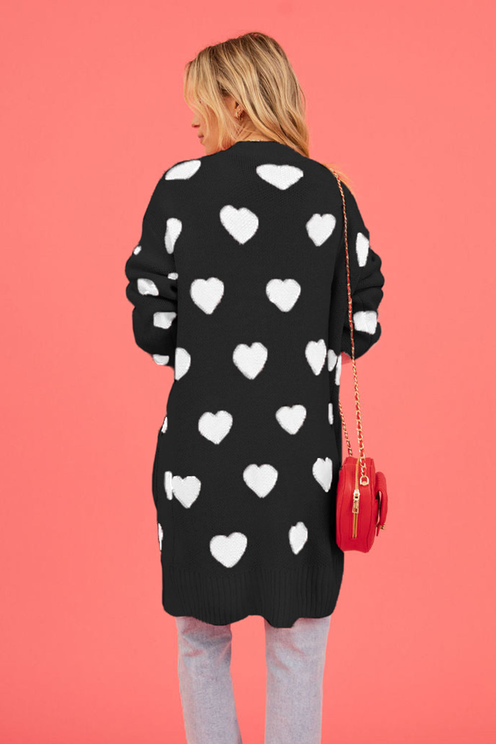 Heart Graphic Open Front Cardigan with Pockets - The Boutie Shop