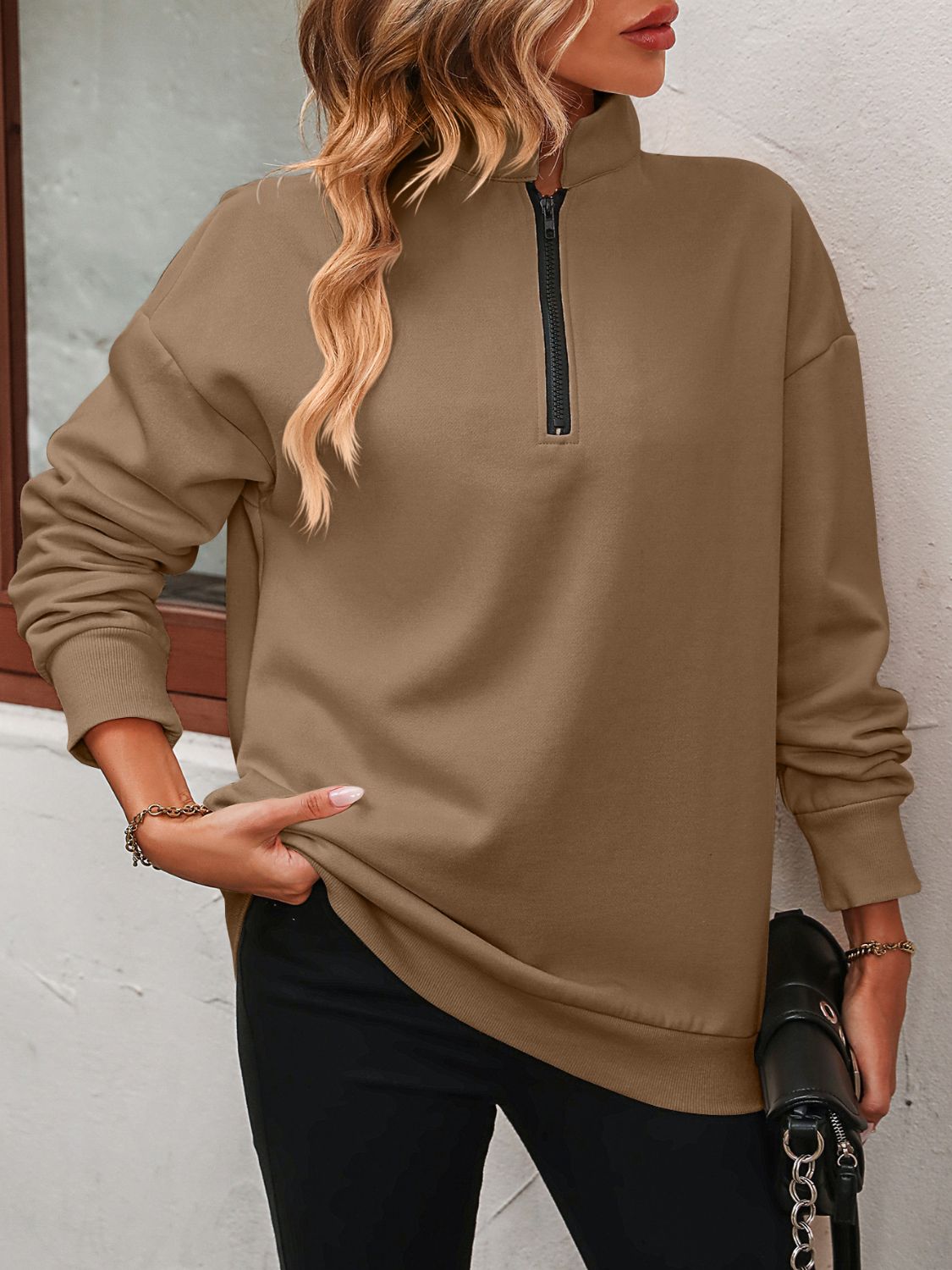 Mandy Zip-Up Dropped Shoulder Sweatshirt - The Boutie Shop