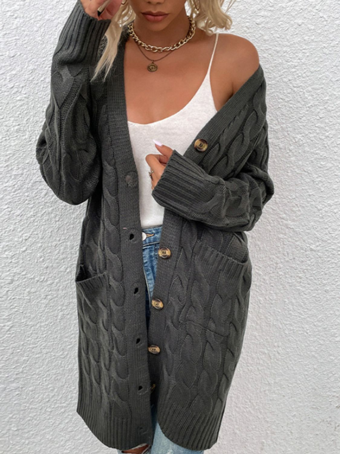 Cable-Knit Button Down Cardigan with Pockets - The Boutie Shop