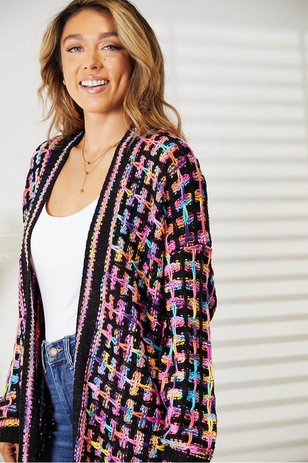 Angel Wings Full Size Multicolored Open Front Fringe Hem Cardigan - The Boutie Shop