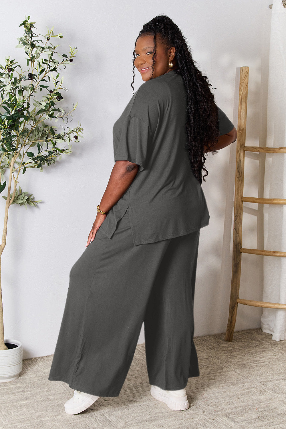 Double Take Full Size Round Neck Slit Top and Pants Set - The Boutie Shop