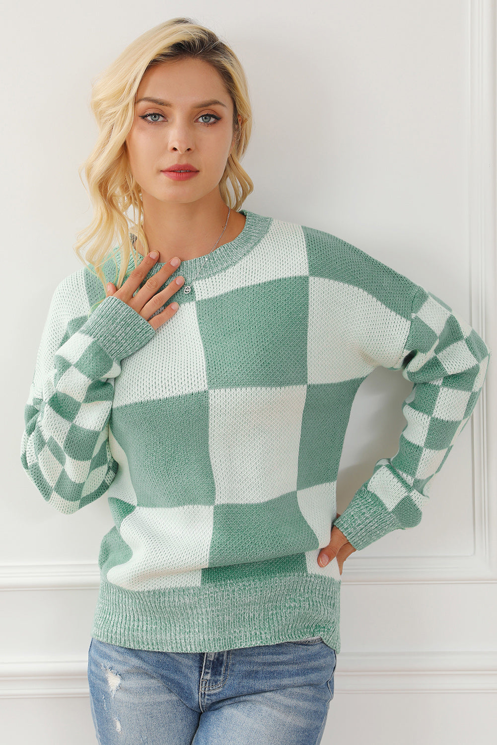 Checkered Drop Shoulder Long Sleeve Sweater - The Boutie Shop