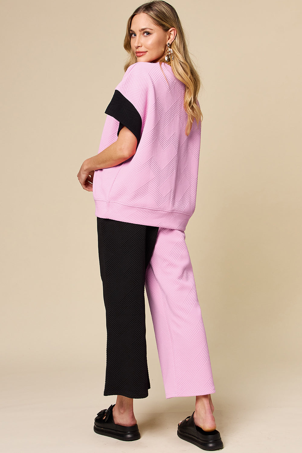 Double Take Full Size Texture Contrast T-Shirt and Wide Leg Pants Set - The Boutie Shop