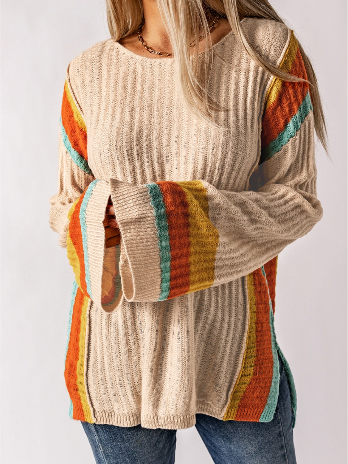 Striped Round Neck Long Sleeve Sweater - The Boutie Shop