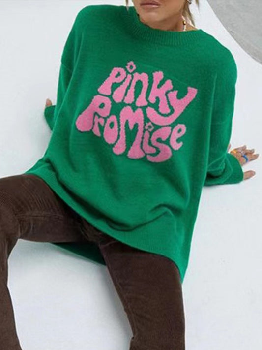 PINKY PROMISE Round Neck Drop Shoulder Sweater - The Boutie Shop