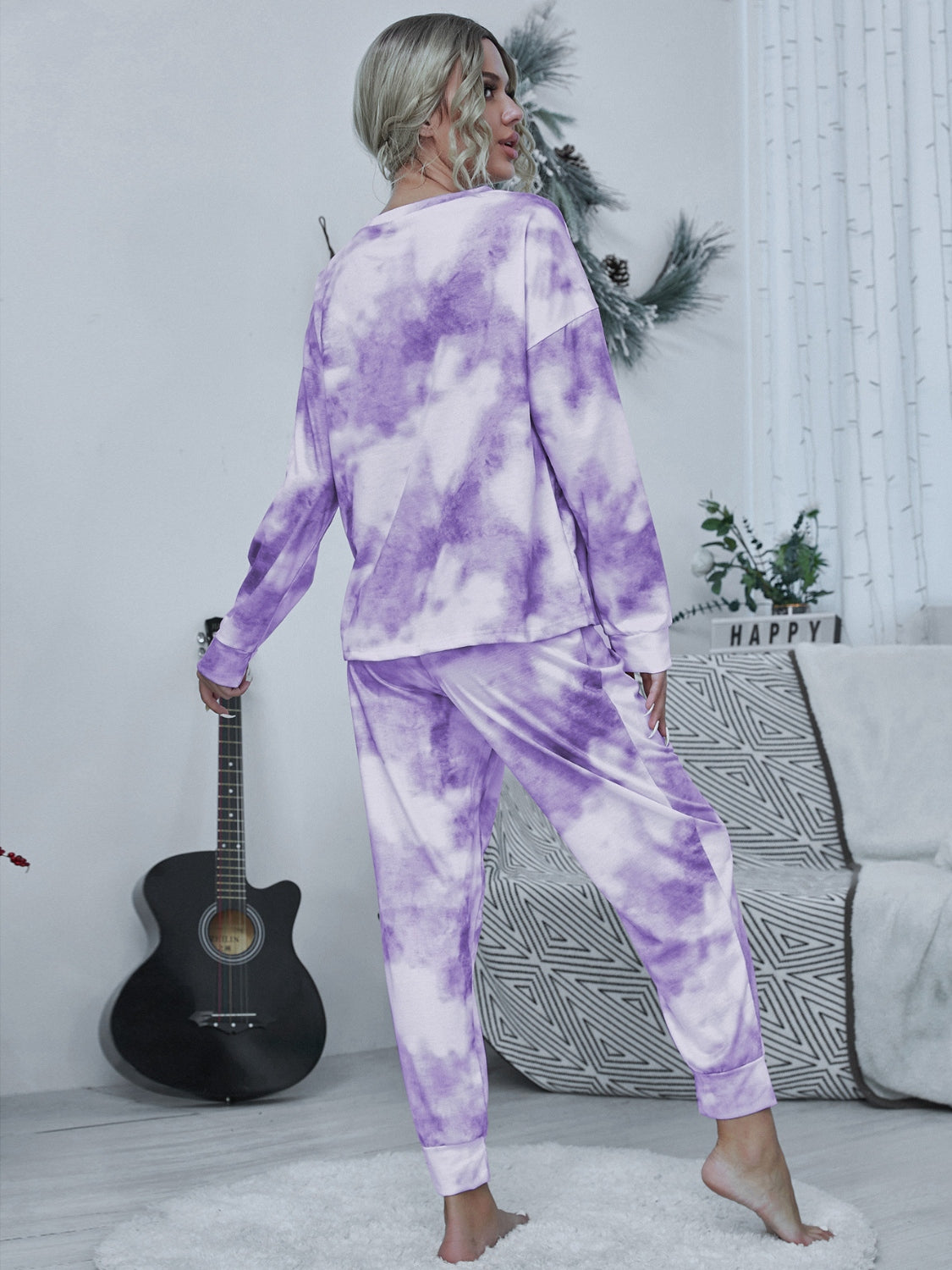 Shiny Tie-dye Round Neck Top and Drawstring Pants Lounge Set - The Boutie Shop