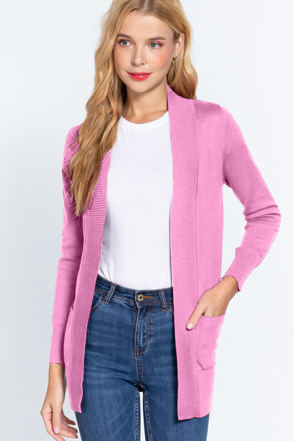 ACTIVE BASIC Ribbed Trim Open Front Cardigan - The Boutie Shop