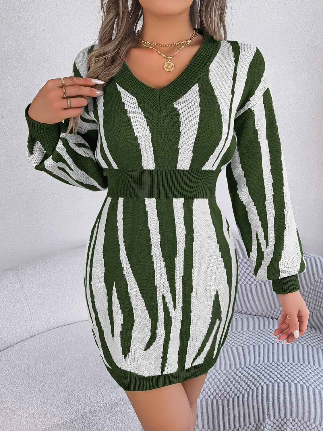 Animal Print V-Neck Long Sleeve Sweater Dress - The Boutie Shop