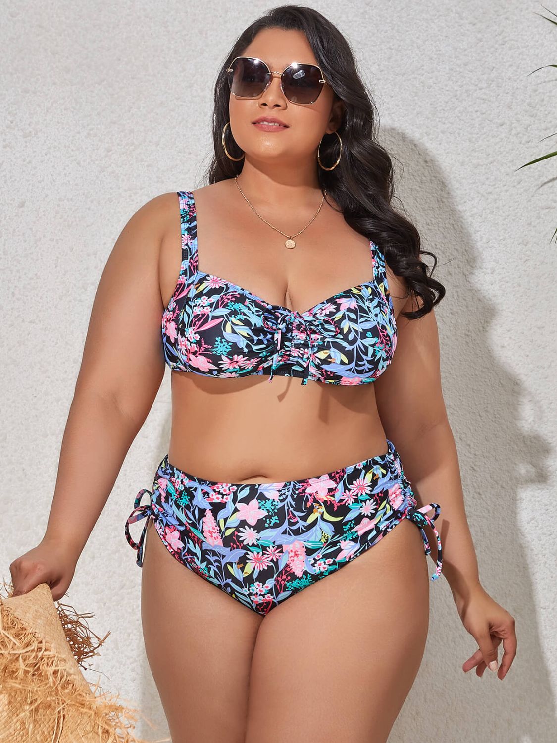 Plus Size Printed Drawstring Detail Bikini Set - The Boutie Shop