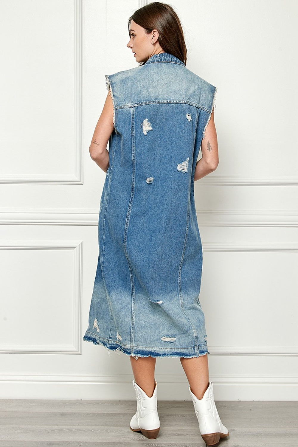 Veveret Full Size Distressed Sleeveless Longline Denim Jacket - The Boutie Shop