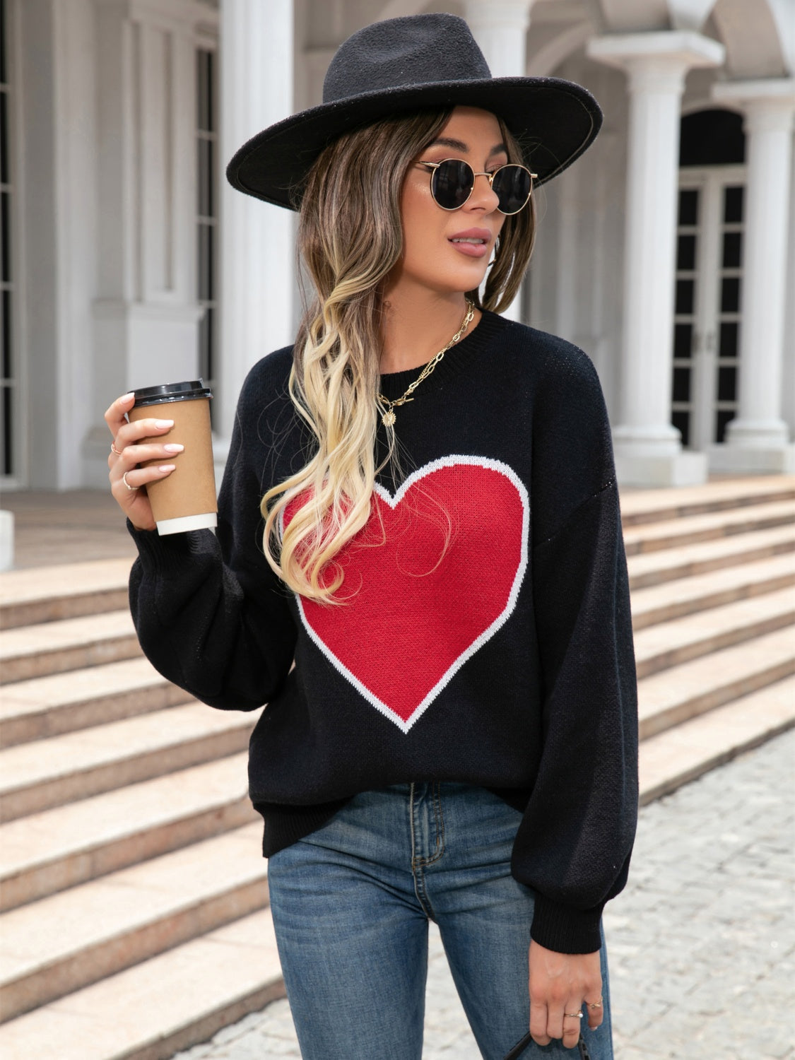 Angel Wings Heart Graphic Round Neck Sweater - The Boutie Shop