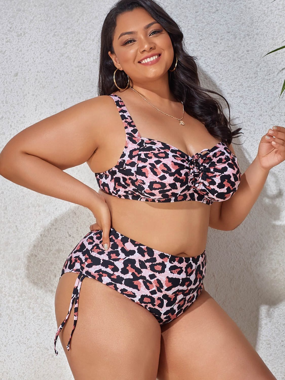 Plus Size Printed Drawstring Detail Bikini Set - The Boutie Shop