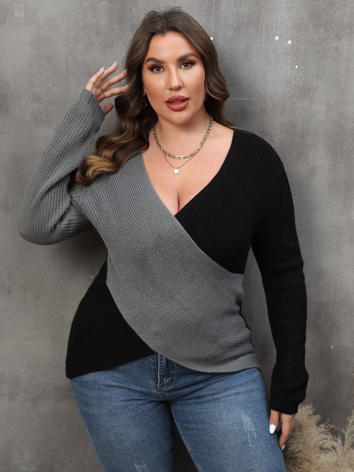 Plus Size Two-Tone Surplice Neck Sweater - The Boutie Shop