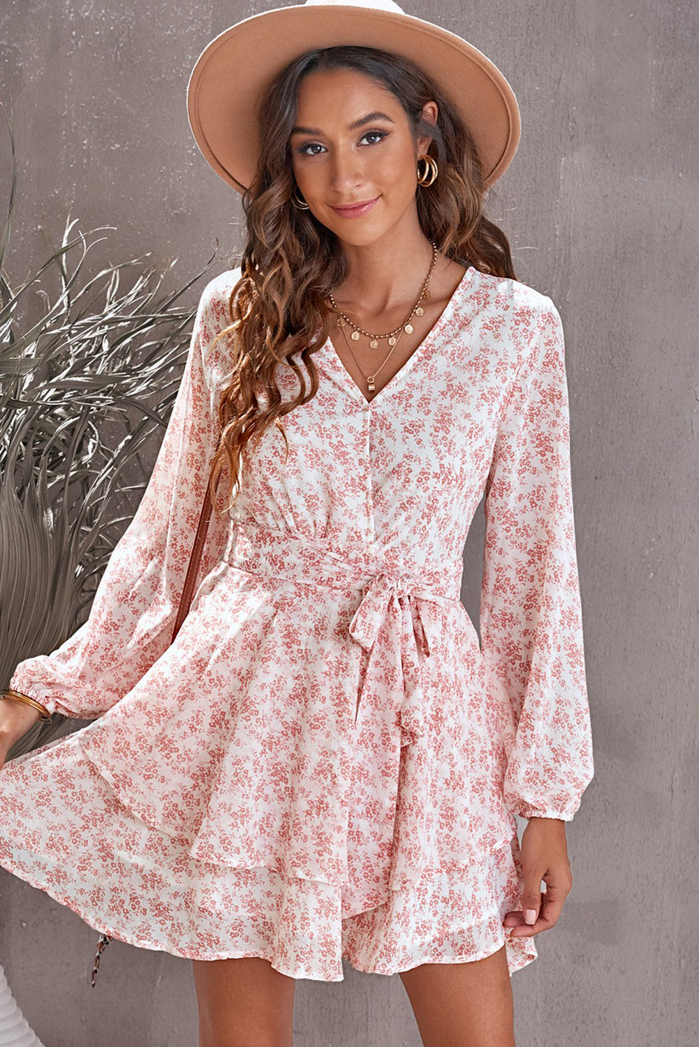 Floral Surplice Balloon Sleeve Layered Dress - The Boutie Shop