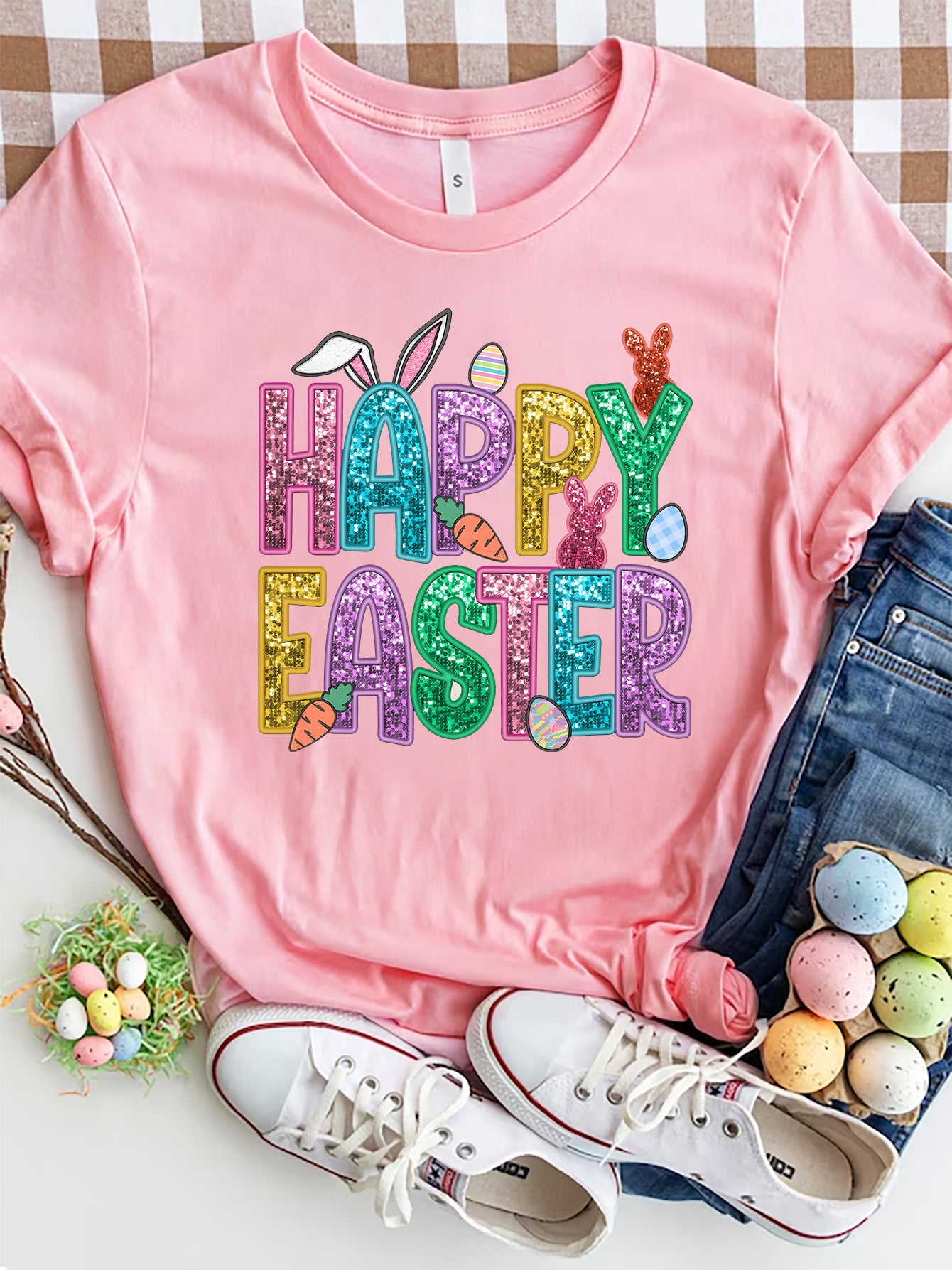 HAPPY EASTER Round Neck Short Sleeve T-Shirt - The Boutie Shop