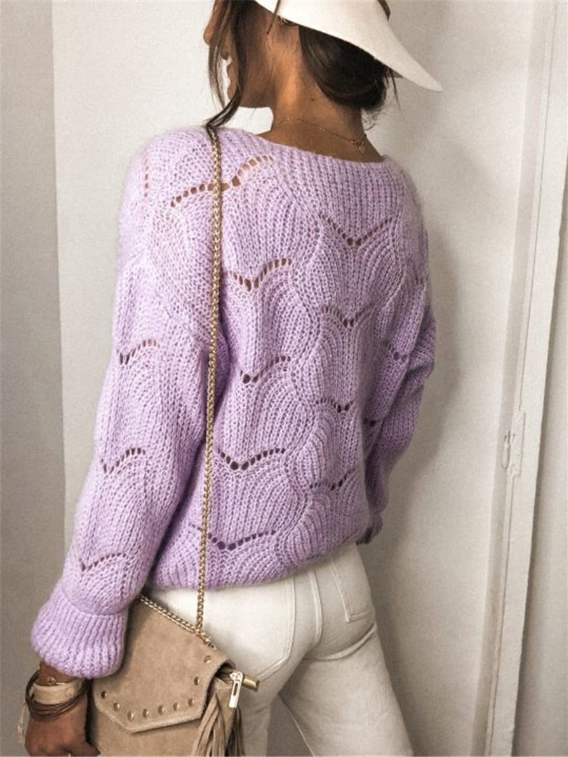 Openwork Button Up Long Sleeve Cardigan - The Boutie Shop