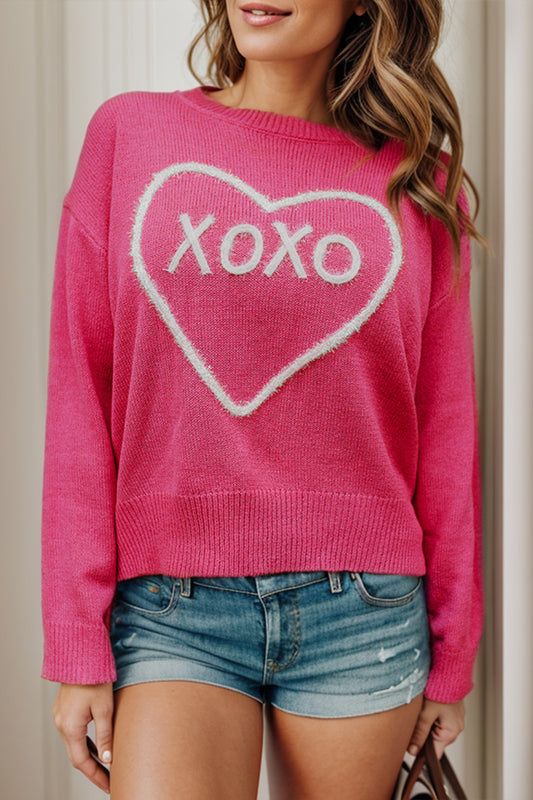 XOXO Heart Round Neck Dropped Shoulder Sweater - The Boutie Shop