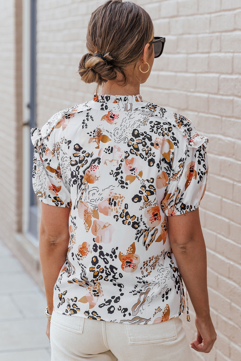 Ruffled Leopard Tie Neck Short Sleeve T-Shirt - The Boutie Shop